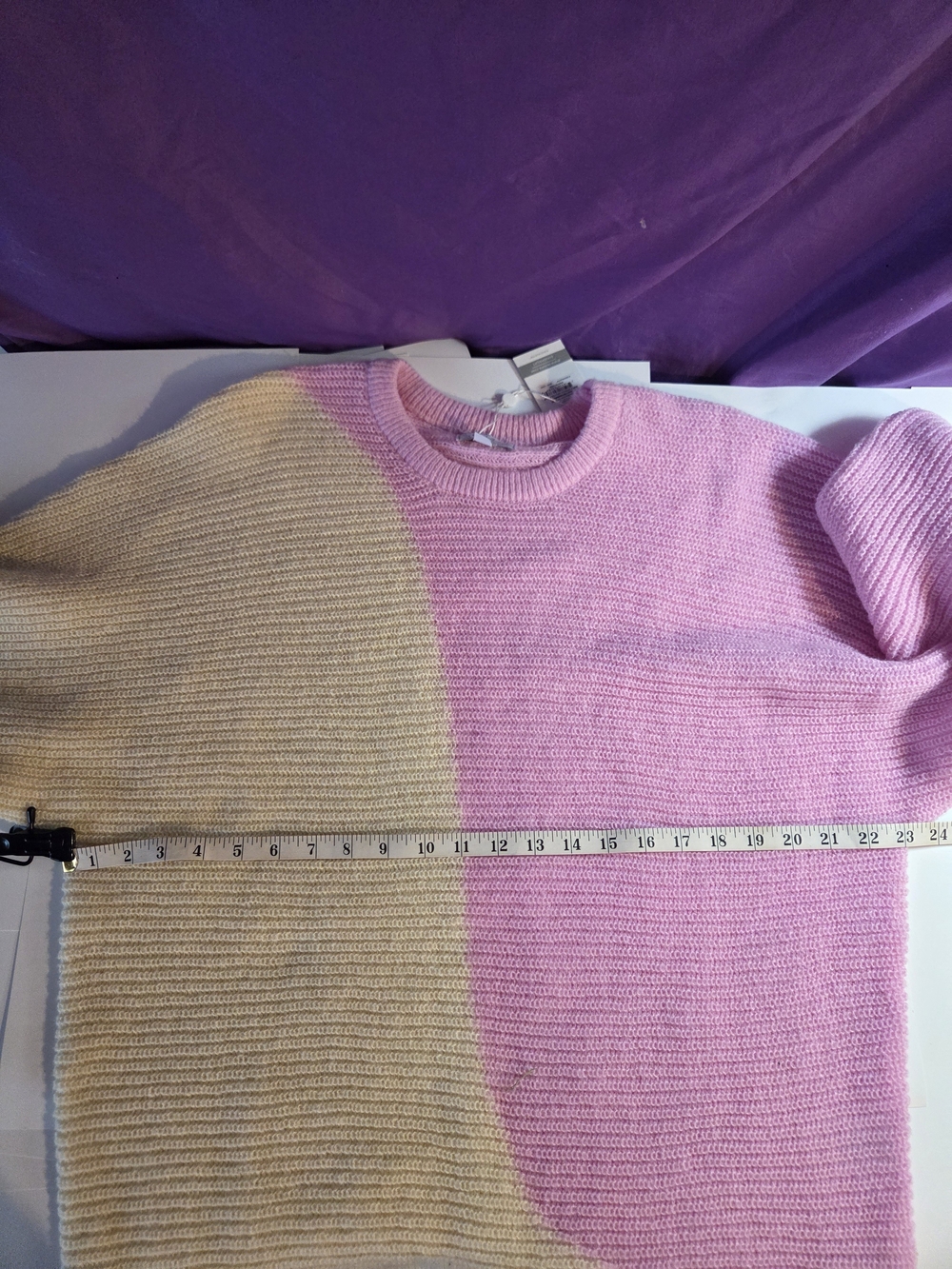Mud Pie Two-Tone Pink and Cream Crewneck Sweater - Picture 6 of 9